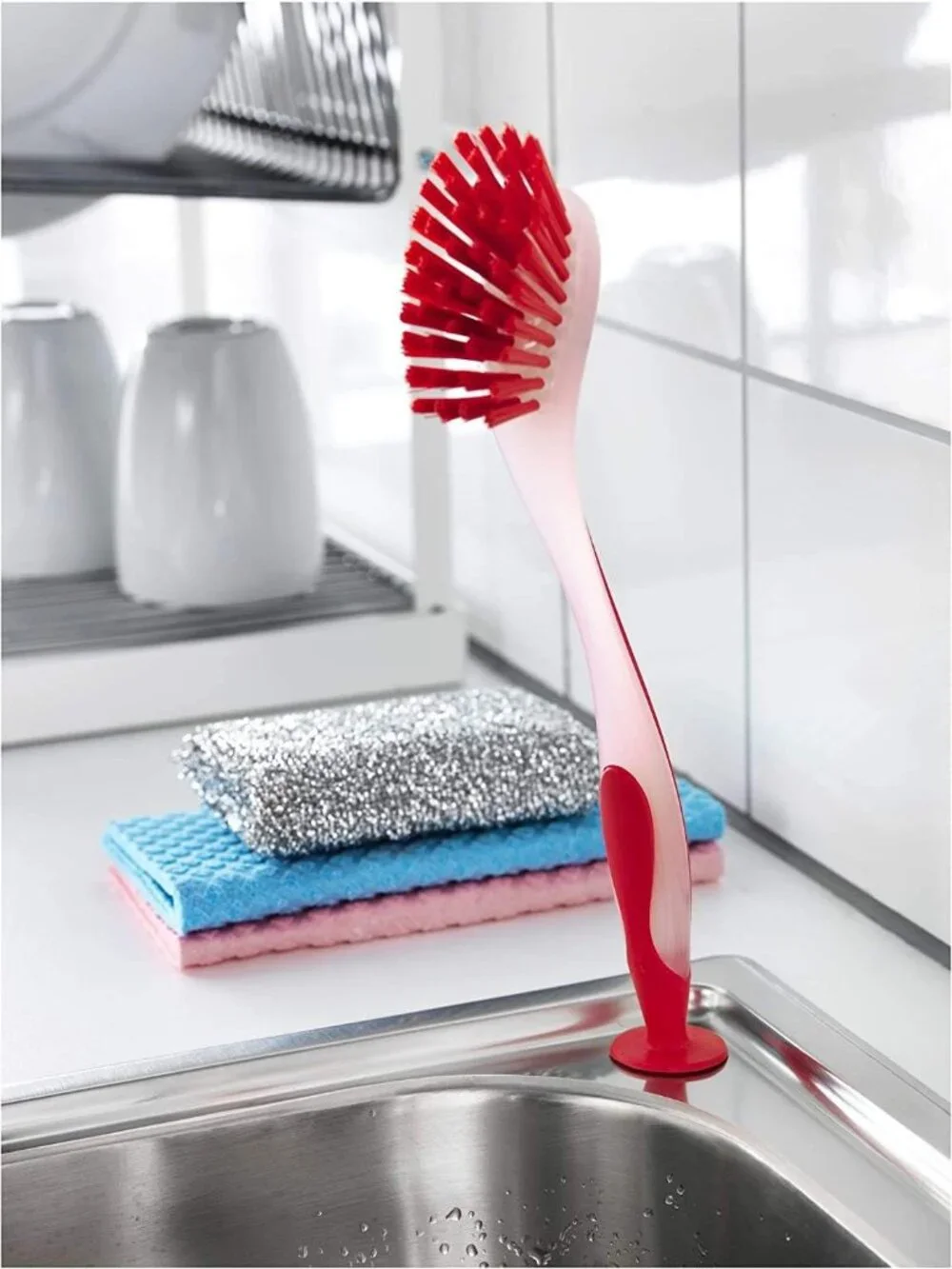 Ikea Red Kitchen Scrub Brush Suction Cup Sink Dish Washing Vegetable Scrubber